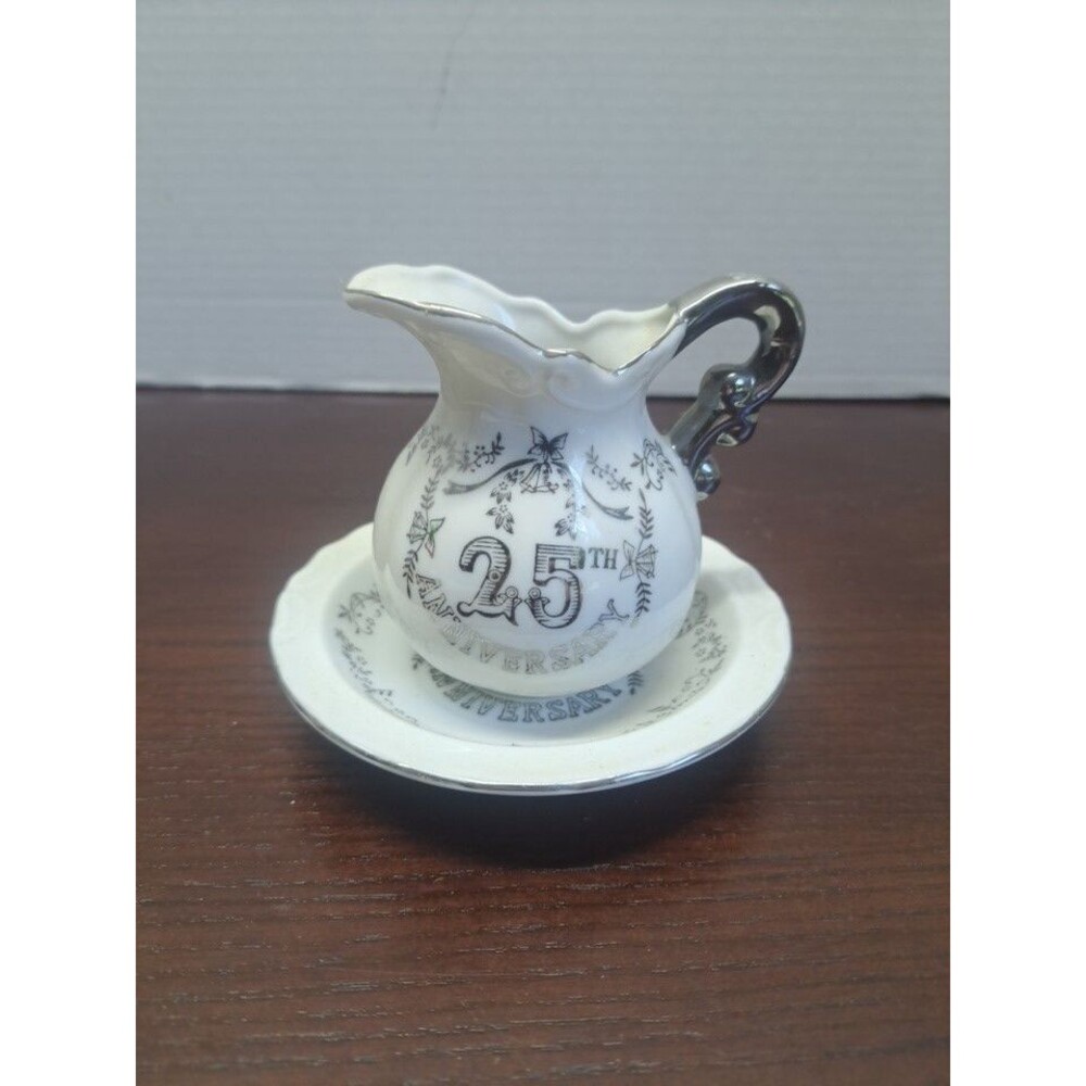 Vintage 25th White And Silver Pitcher And Bowl